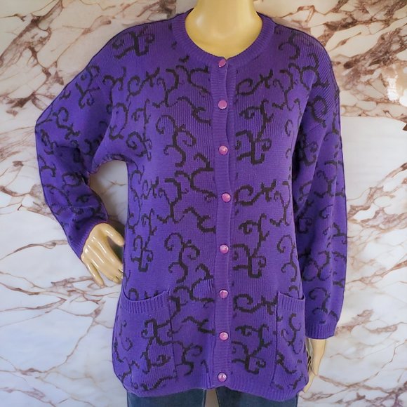 Jimmy Garcia Cardigan Sweater Women's M Purple Black Long Sleeve Button Acrylic - Picture 2 of 11